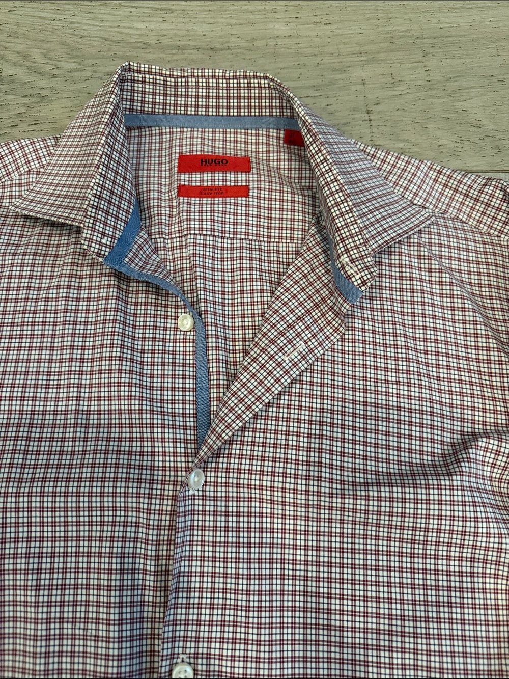 HUGO Red and White Micro Check Dress Shirt with Blue Trim